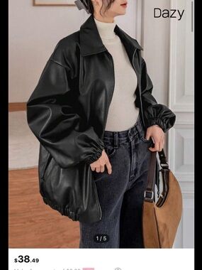 SHEIN Black Faux Leather Bomber Jacket